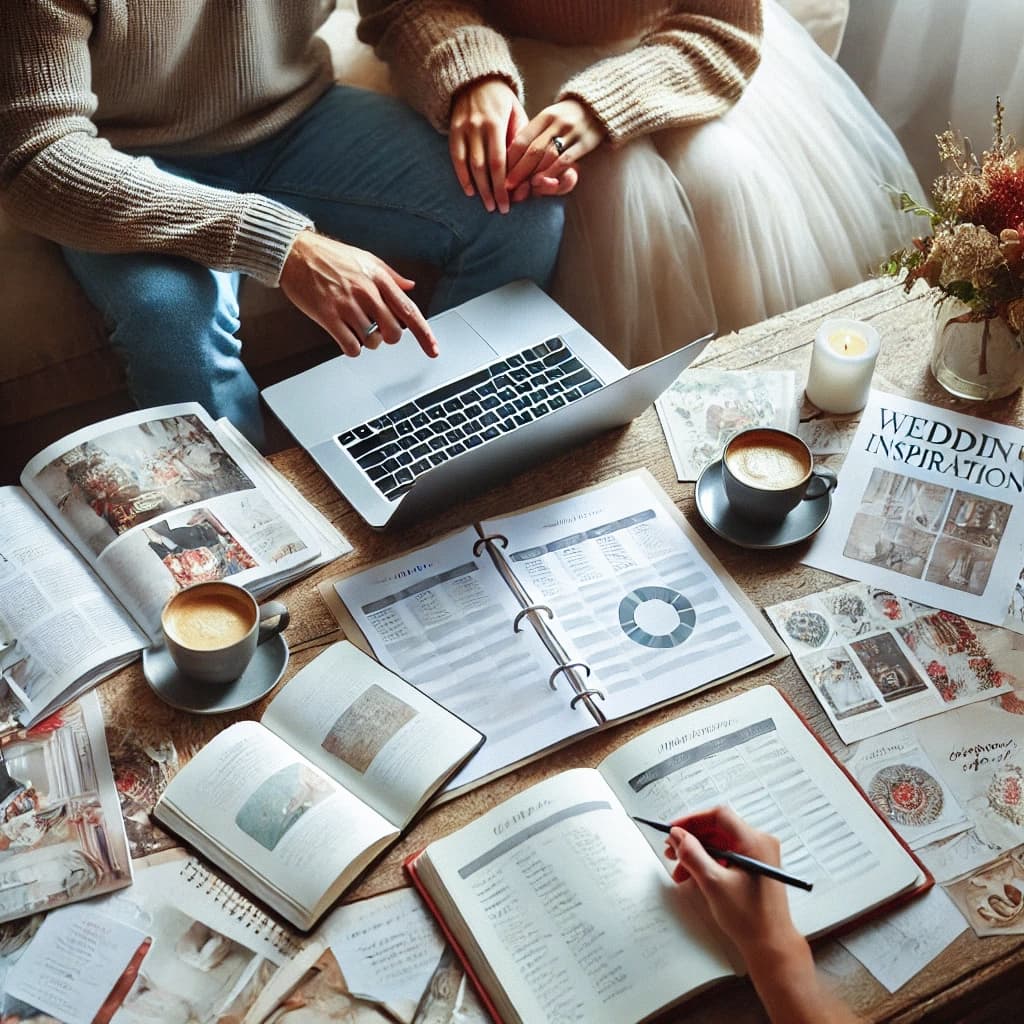 Couple planning their wedding with budget spreadsheet and ideas