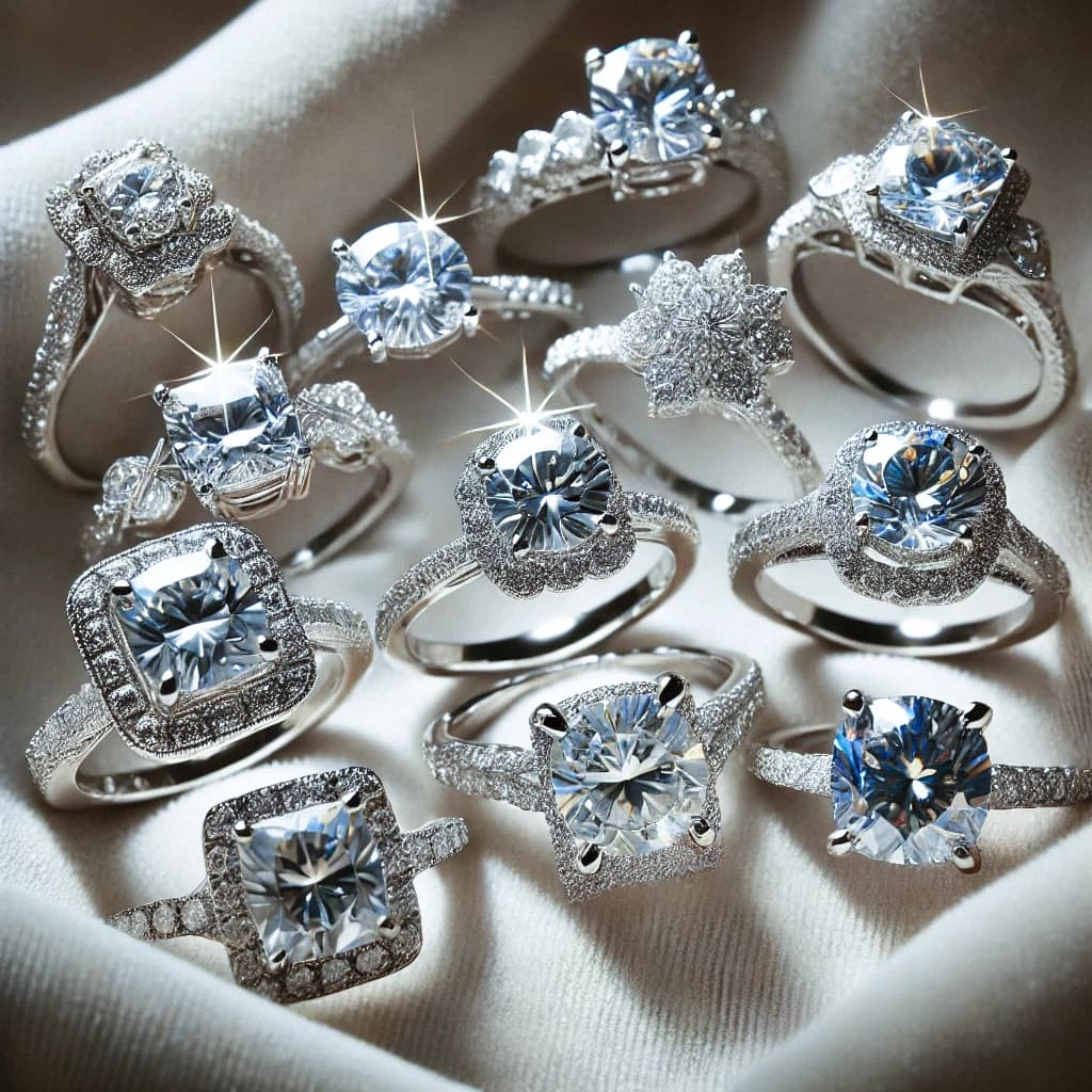 Various affordable engagement rings including moissanite and lab-created diamonds