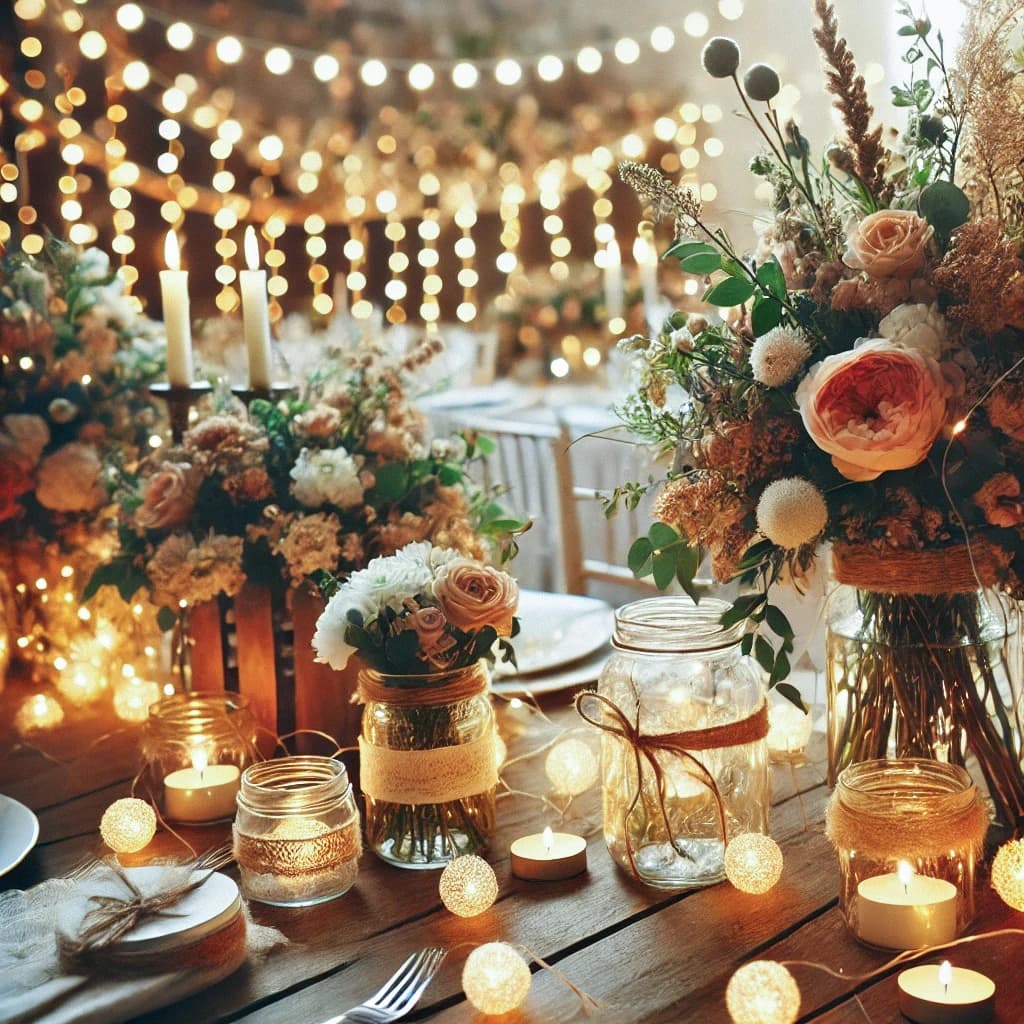DIY wedding decorations with string lights and floral arrangements