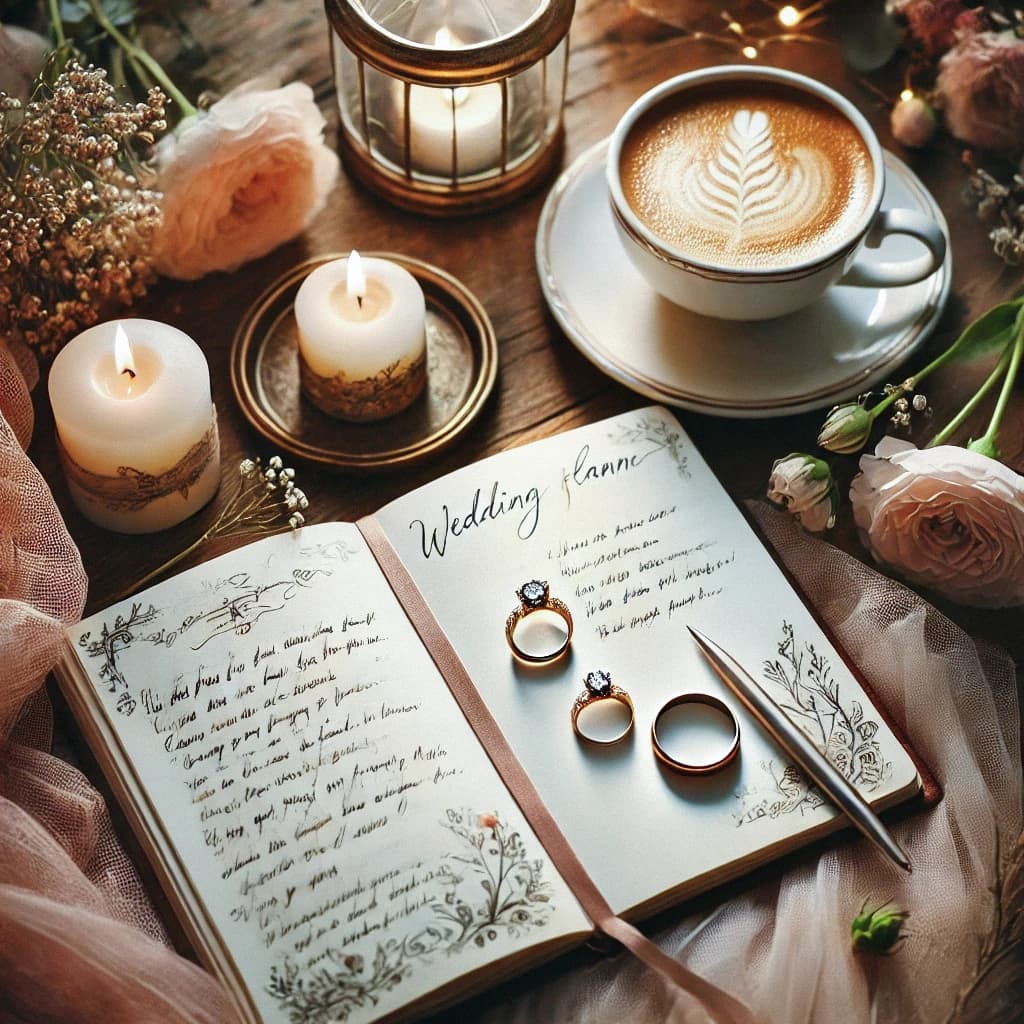 Wedding planning process with notebook, rings, and decorative elements